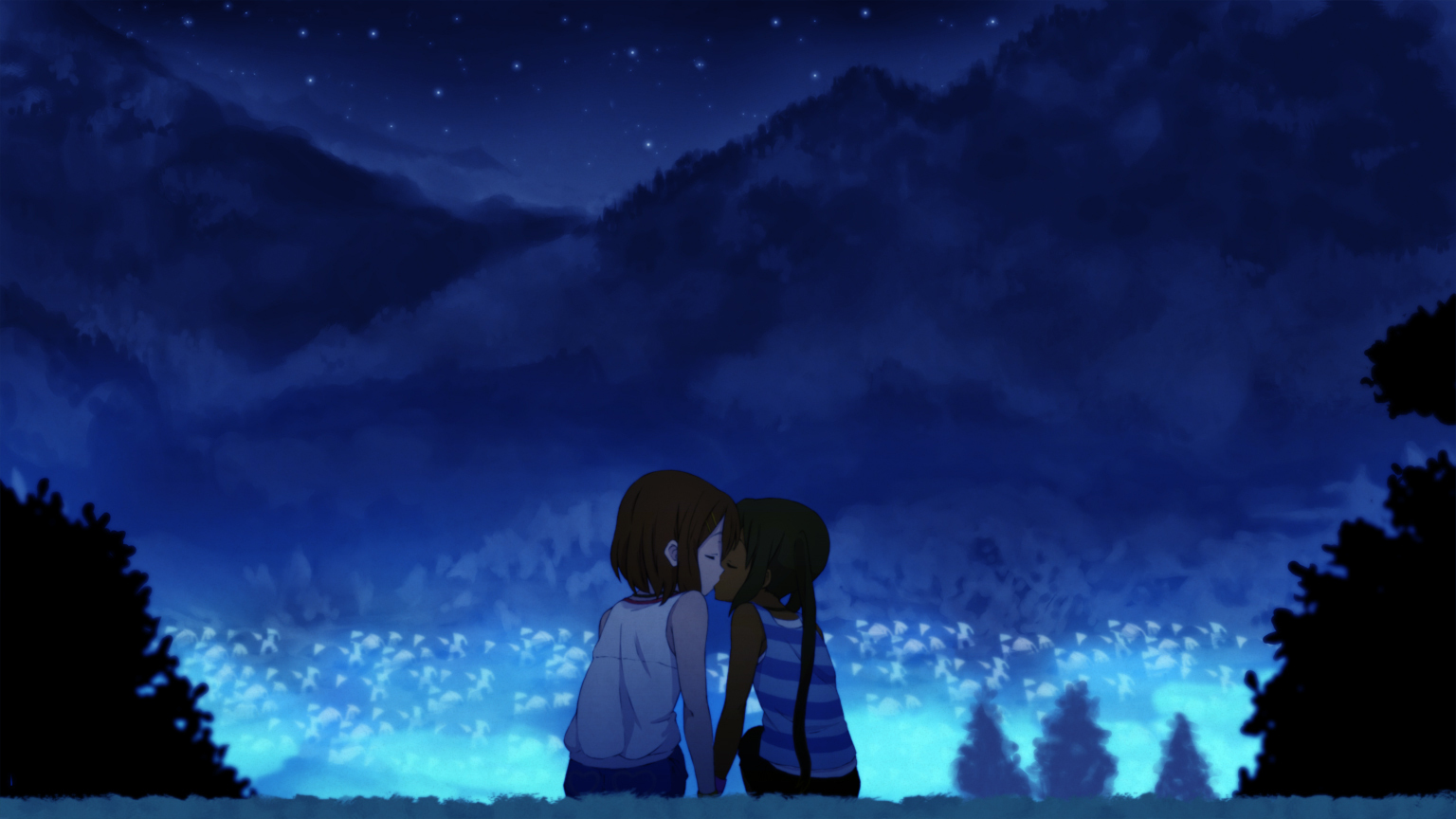 - 78622 2girls black_hair brown_hair hirasawa_yui k-on! kiss long_hair nakano_az.jpg